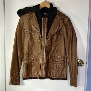 NWOT MontanaCo Faux Leather Jacket with Sweater detail and hood size small
